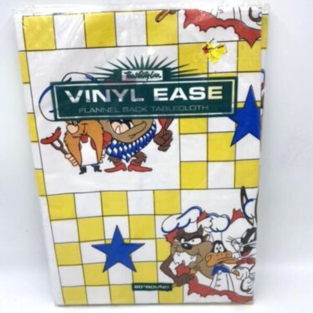 NEW Town & Country Vinyl Ease Tablecloth Looney Tunes 60" Round Yellow White Vtg